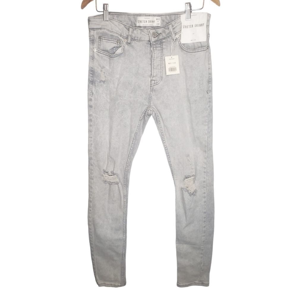 Topman gray distressed stretch skinny men jeans men size 32w 34 L